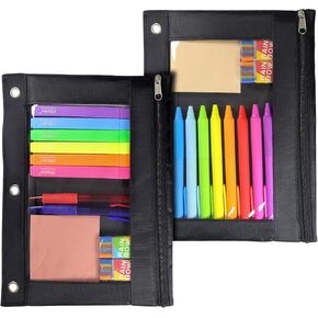 Vitoler 3 Ring Binder Pencil Pouchs,Fabric Pencil Case for Binder,2 Pack zipper pouch with Clear Window for Office Supplies(Pink&Blue)