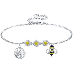 Bee Bracelet For Women 925 Sterling Silver Daisy Flower Bracelet Bee Jewelry Gifts Adjustable Animal Bracelets for Women