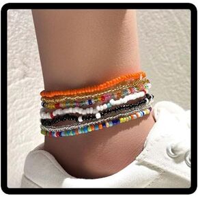 Clataly 7Pcs Anklet Bracelets Handmade Elastic Beaded Ankle Colorful Beads Foot Chain Summer Foot Jewelry Set for Women