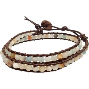 Infinityee888 Amazonite 2 Wrap Bracelets and Choker woven Leather Necklace 2 in 1, Men Bracelet, Women Bracelet, Teengirls Bracelet