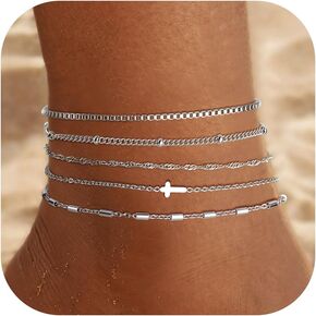 FUNRUN JEWELRY Gold Ankle Bracelets,14 k Gold Plated Waterproof Stainless Steel Cuban Link Chain Ankle Set Paperclip Figaro Layered Anklets Bracelets for Women Dainty Summer Beach Jewelry 5Pcs