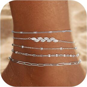 FUNRUN JEWELRY Gold Ankle Bracelets,14 k Gold Plated Waterproof Stainless Steel Cuban Link Chain Ankle Set Paperclip Figaro Layered Anklets Bracelets for Women Dainty Summer Beach Jewelry 5Pcs in Kuwait