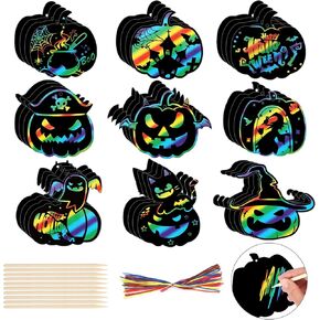 HOWAF 36pcs Halloween Pumpkin Scratch Cards, Halloween Pumpkin Face Rainbow Scratch Off Cards Halloween Scratch Paper Art Ghost Spider Bat Zombie Witch for Halloween Trick or Treat Party Favors
