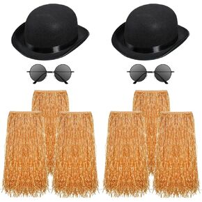 Newcotte 10 Pcs Luau Hula Skirt Sunglasses Hat Set Include 6 Pcs Hawaiian Natural Grass Skirts 2 Pcs Black Bowler Derby Hat 2 Pairs Protection UV Round Sunglasses for Halloween Tropical Luau Party