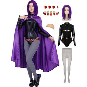Adult Halloween Costumes Women Purple Hooded Cape with Wig Bodysuit Belt Gemstone Anime Cosplay Party Outfit