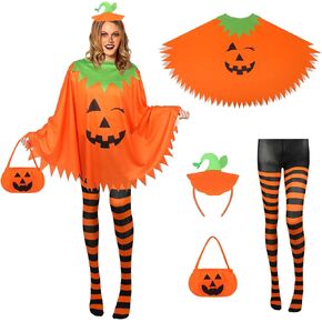 4 PCS Halloween Costume Set for Women Adult Pumpkin Costume, Pumpkin Costume Poncho, Candy bag, Pumpkin Headband and Nylon Striped Tights for Halloween Cosplay Party