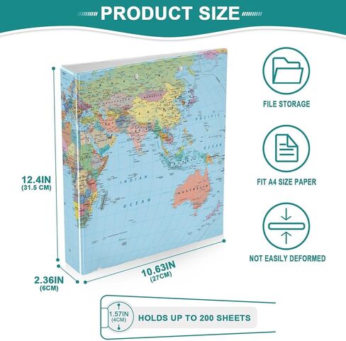 World Map 3 Ring 1.5 Inch Binder 2 Pack, School Supplies Binder for Girls Boys - Round Rings Binder for Letter A4 Size Paper, Decorative Hardcover Binder Organizer for Home School Office in Kuwait