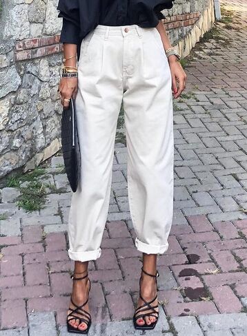 Astylish Womens High Waisted Baggy Jeans Boyfriend Cropped Loose Denim Pants in Saudi Arabia