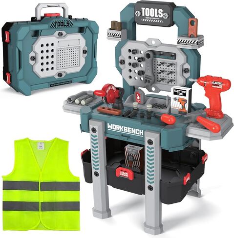 Kids Tool Bench with Realistic Tools and Electric Drill, 83 Pcs Transformable Kids Tool Set with Clothes, Toddler Tool Bench Learning Gift for Boys & Girls3, 4, 5 Stickers Vest (Green) in Saudi Arabia