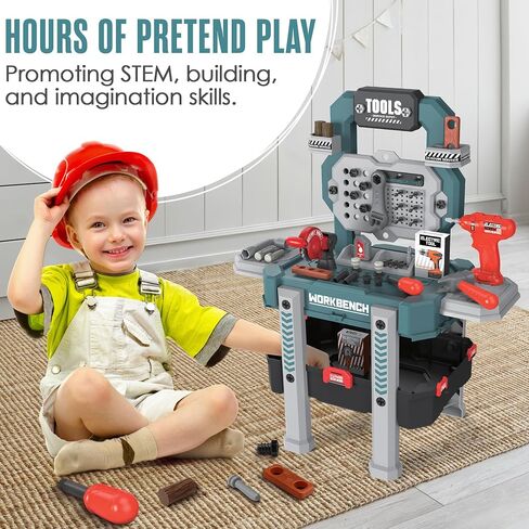 Kids Tool Bench with Realistic Tools and Electric Drill, 83 Pcs Transformable Kids Tool Set with Clothes, Toddler Tool Bench Learning Gift for Boys & Girls3, 4, 5 Stickers Vest (Green) in Saudi Arabia