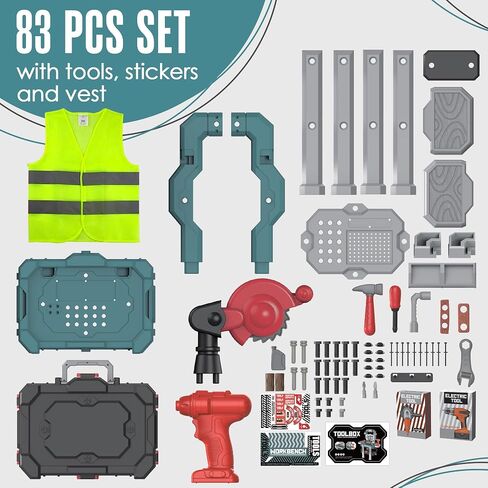 Kids Tool Bench with Realistic Tools and Electric Drill, 83 Pcs Transformable Kids Tool Set with Clothes, Toddler Tool Bench Learning Gift for Boys & Girls3, 4, 5 Stickers Vest (Green) in Saudi Arabia
