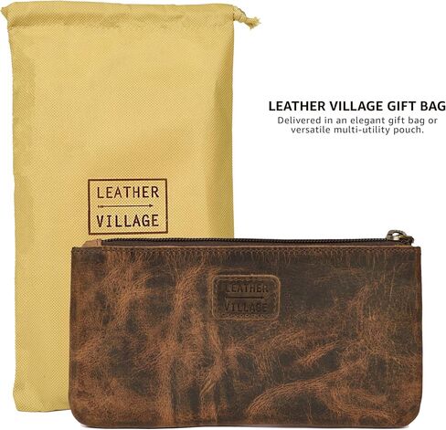 حافظة أقلام رصاص جلدية من LEATHER VILLAGE - بني ريفي/عتيق - 8 بوصة × 4 بوصة - جيب مزدوج - حامل حقيبة بسحاب أنيق وعملي للفنانين والرجال والنساء in Kuwait