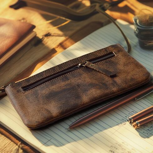 حافظة أقلام رصاص جلدية من LEATHER VILLAGE - بني ريفي/عتيق - 8 بوصة × 4 بوصة - جيب مزدوج - حامل حقيبة بسحاب أنيق وعملي للفنانين والرجال والنساء in Kuwait