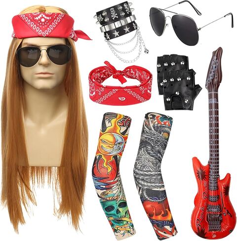 80s 90s Rocker Costume Wig, 10pcs Punk Costume Rockstar Accessories with Wig Sunglasses Sleeves Bracelet Props Glove in Saudi Arabia
