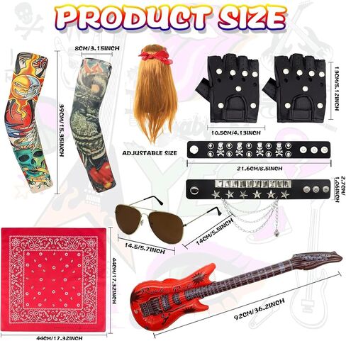 80s 90s Rocker Costume Wig, 10pcs Punk Costume Rockstar Accessories with Wig Sunglasses Sleeves Bracelet Props Glove in Saudi Arabia