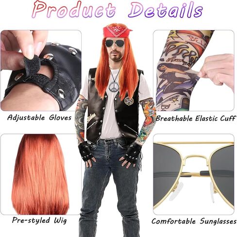 80s 90s Rocker Costume Wig, 10pcs Punk Costume Rockstar Accessories with Wig Sunglasses Sleeves Bracelet Props Glove in Saudi Arabia
