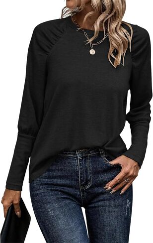 SimpleFun Womens Pleated Long Sleeve T Shirts Crew Neck Fall Tunic Tops Loose Fit Casual Basic Tees in Saudi Arabia