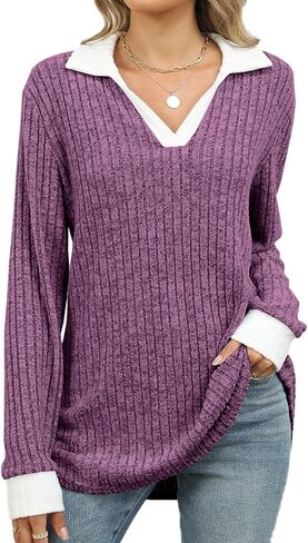 BAISHENGGT Women's Contrast Collared Shirts Casual Long Sleeve Ribbed Fall Tops Lightweight Tunic Sweaters in Saudi Arabia