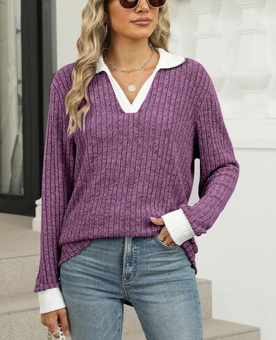 BAISHENGGT Women's Contrast Collared Shirts Casual Long Sleeve Ribbed Fall Tops Lightweight Tunic Sweaters in Saudi Arabia