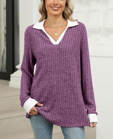 BAISHENGGT Women's Contrast Collared Shirts Casual Long Sleeve Ribbed Fall Tops Lightweight Tunic Sweaters in Saudi Arabia