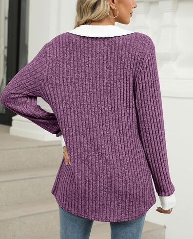 BAISHENGGT Women's Contrast Collared Shirts Casual Long Sleeve Ribbed Fall Tops Lightweight Tunic Sweaters in Saudi Arabia