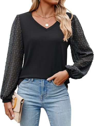 Sherosa Women's Blouses Dressy Casual V Neck Swiss Dot Puff Long Sleeve Shirts Loose Casual Tops in Saudi Arabia