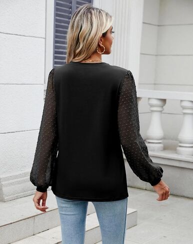 Sherosa Women's Blouses Dressy Casual V Neck Swiss Dot Puff Long Sleeve Shirts Loose Casual Tops in Saudi Arabia