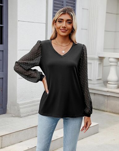 Sherosa Women's Blouses Dressy Casual V Neck Swiss Dot Puff Long Sleeve Shirts Loose Casual Tops in Saudi Arabia
