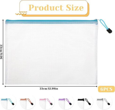 6 PCS A4 Mesh Zipper Pouch Bags Mesh Bags with Zipper Waterproof Clear Zipper Pouches for Organizing, Plastic Mesh Storage Bags File Bags for Puzzle Board Games and Office Supplies in Saudi Arabia
