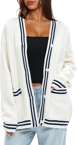 Darong Women Oversized Cardigan Sweaters Knit Button Front Stripes Trim Cardigan Tops Fall Outfits with Pockets in Saudi Arabia