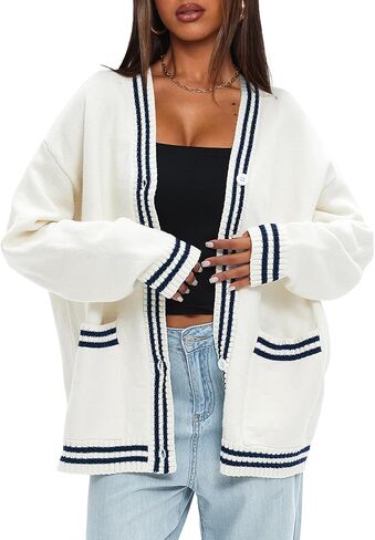 Darong Women Oversized Cardigan Sweaters Knit Button Front Stripes Trim Cardigan Tops Fall Outfits with Pockets in Saudi Arabia
