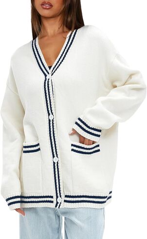 Darong Women Oversized Cardigan Sweaters Knit Button Front Stripes Trim Cardigan Tops Fall Outfits with Pockets in Saudi Arabia