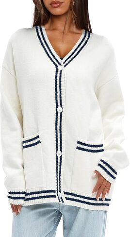 Darong Women Oversized Cardigan Sweaters Knit Button Front Stripes Trim Cardigan Tops Fall Outfits with Pockets in Saudi Arabia