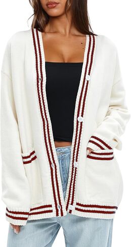 Darong Women Oversized Cardigan Sweaters Knit Button Front Stripes Trim Cardigan Tops Fall Outfits with Pockets in Saudi Arabia