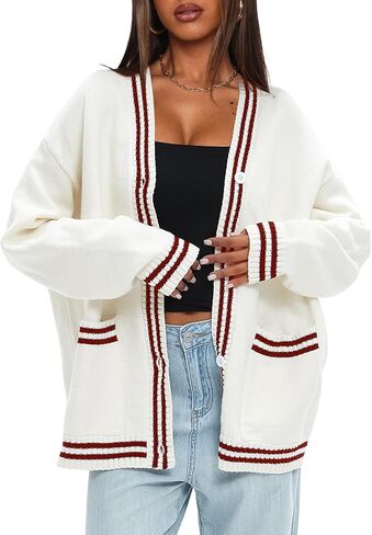 Darong Women Oversized Cardigan Sweaters Knit Button Front Stripes Trim Cardigan Tops Fall Outfits with Pockets in Saudi Arabia