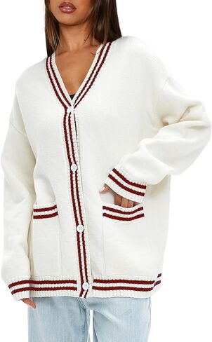 Darong Women Oversized Cardigan Sweaters Knit Button Front Stripes Trim Cardigan Tops Fall Outfits with Pockets in Saudi Arabia
