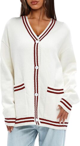 Darong Women Oversized Cardigan Sweaters Knit Button Front Stripes Trim Cardigan Tops Fall Outfits with Pockets in Saudi Arabia