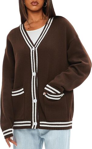 سترة صوفية نسائية كبيرة الحجم من Darong، سترة محبوكة بأزرار أمامية وخطوط أمامية، ملابس خريفية مع جيوب in Kuwait