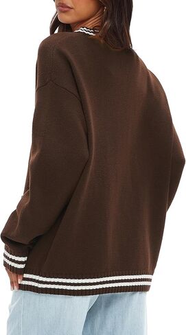 سترة صوفية نسائية كبيرة الحجم من Darong، سترة محبوكة بأزرار أمامية وخطوط أمامية، ملابس خريفية مع جيوب in Kuwait