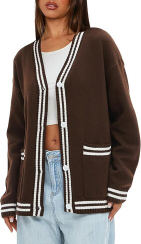 سترة صوفية نسائية كبيرة الحجم من Darong، سترة محبوكة بأزرار أمامية وخطوط أمامية، ملابس خريفية مع جيوب in Kuwait