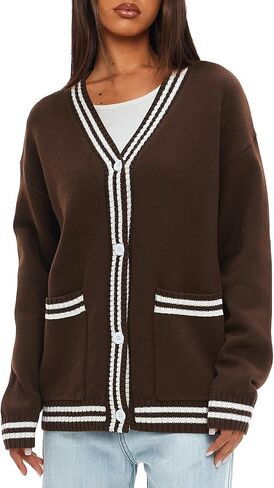 سترة صوفية نسائية كبيرة الحجم من Darong، سترة محبوكة بأزرار أمامية وخطوط أمامية، ملابس خريفية مع جيوب in Kuwait