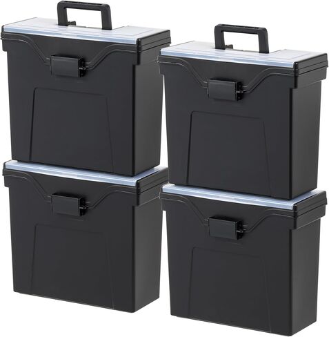 IRIS USA File Box Slim with Lid File Organizer for Letter File w/ Organizer-Lid, Water Resistant Document Box, Plastic Mobile Filing Organizer, Secure Buckle, Portable Handle, Lockable, Black 4 Pack in Saudi Arabia
