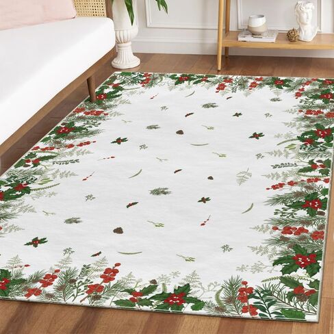 Artoid Mode Pines Holly Christmas Area Rug, Xmas Winter Home Decor Low-Profile Washable Area Rugs for Entryway Bedroom Living Room Laundry Room Indoor 5x7 Feet in Saudi Arabia