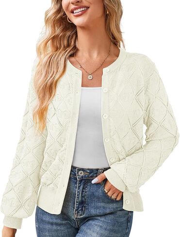 Messic Women's Lightweight Cardigan Shrugs Hollowed-Out Button Down Crochet Knit Sweater Tops in Saudi Arabia