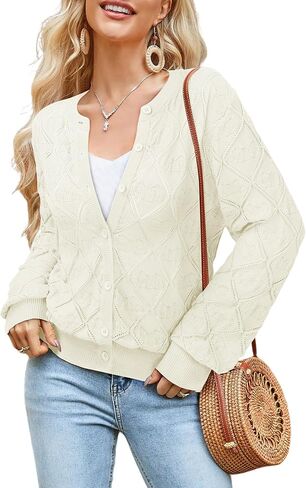 Messic Women's Lightweight Cardigan Shrugs Hollowed-Out Button Down Crochet Knit Sweater Tops in Saudi Arabia