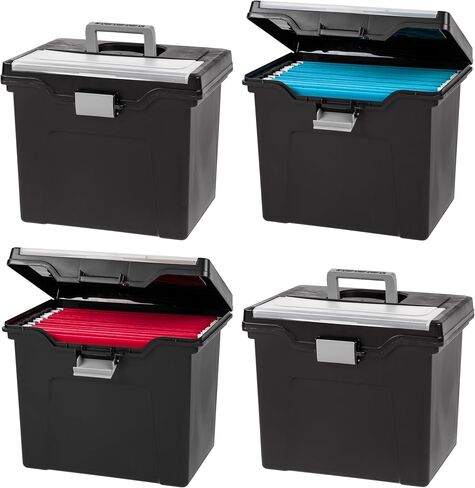 IRIS USA File Box Slim with Lid File Organizer for Letter File w/ Organizer-Lid, Water Resistant Document Box, Plastic Mobile Filing Organizer, Secure Buckle, Portable Handle, Lockable, Black 4 Pack in Saudi Arabia