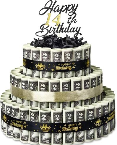 Happy Birthday Gift Can Be DIY Age 3 Layers Of Black Gold Cake Filled With Cash Happy Birthday Day Money Cake Gift Party Supplies Money Gift Ideas For Birthday Cake in Kuwait
