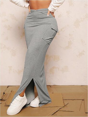 تنورة SOLY HUX النسائية ذات الخصر العالي والجيب والحاشية المقسمة ذات فتحة جانبية طويلة in Kuwait