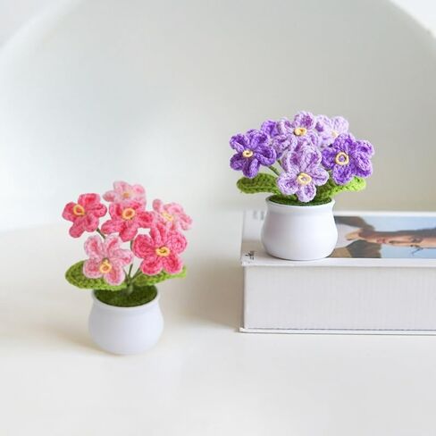 Knitting Crochet Desk Gift Forget Me Not Flowers Potted Plants for Wife, Girlfriend and Women, Handmade Flowers for Home Car Décor in Saudi Arabia