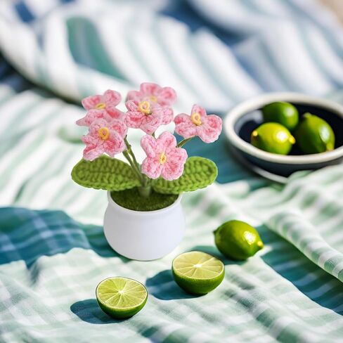 Knitting Crochet Desk Gift Forget Me Not Flowers Potted Plants for Wife, Girlfriend and Women, Handmade Flowers for Home Car Décor in Saudi Arabia